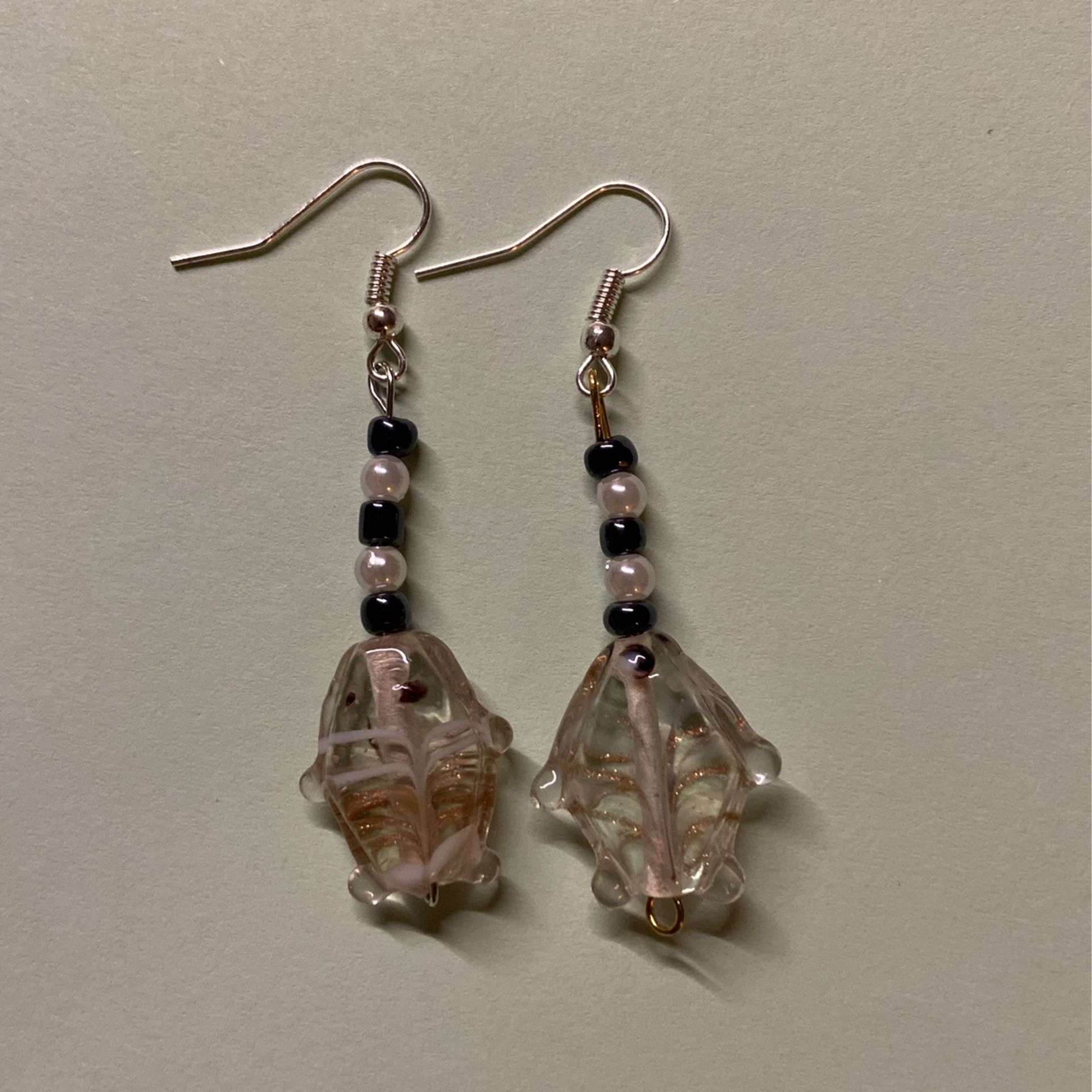 Earrings, Fish Clear Glass, Black Beads, 2.5”