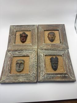 Set of 4 Framed African Tribal Mask Wall Art