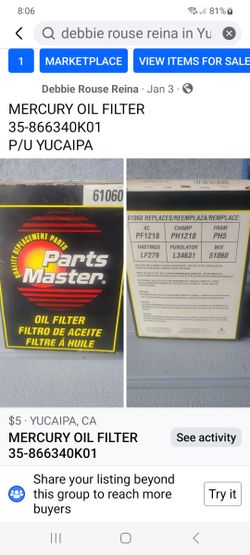 PARTS MASTER OIL FILTER 35-866340K01.
Ok to make offer.
P/U YUCAIPA.  No Shipping Available
