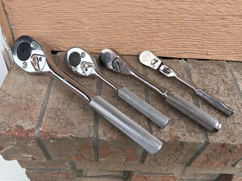 (4) professional ratchets Stanley-Proto Stanley Proto 5449 1/2-Inch Drive Classic Pear Head Ratchet. URREA 5249 3/8 Inch Drive Reversible Chrome Rat