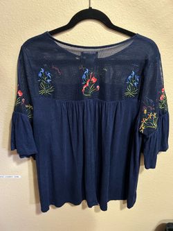 Liz Claiborne Navy Blue Embroidered Boho Peasant Top XL