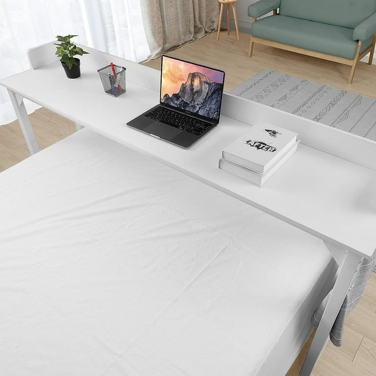Overbed Table with Wheels, 70.8'' Rolling Over Bed Desk for Full/Queen Size Bed, Mobile Computer Desk Standing Workstation White Hospital Bed Table