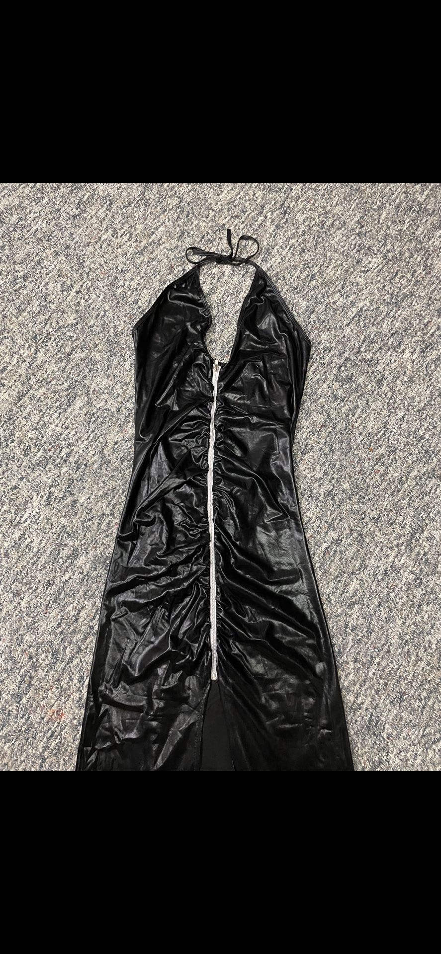 Faux Leather Front Zipper Long Slit Dress Halloween Costume