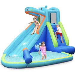 HONEY JOY Inflatable Water Slide, Hippo Theme Blow Up Water Park Bounce House for Backyard, Climbing Wall & Slide, Indoor Outdoor Waterslides Inflatab