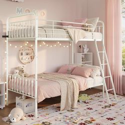 Convertible Twin Over Twin Bunk Bed, CPC Certified,White Victorian Iron-Art Headboard and Footboard,Space-Saving Metal Bunk Bed with Guardrail & Ladde