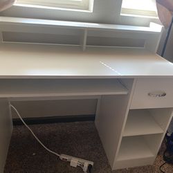 42” White Computer Desk with Keyboard Tray, Drawer, And Shelves