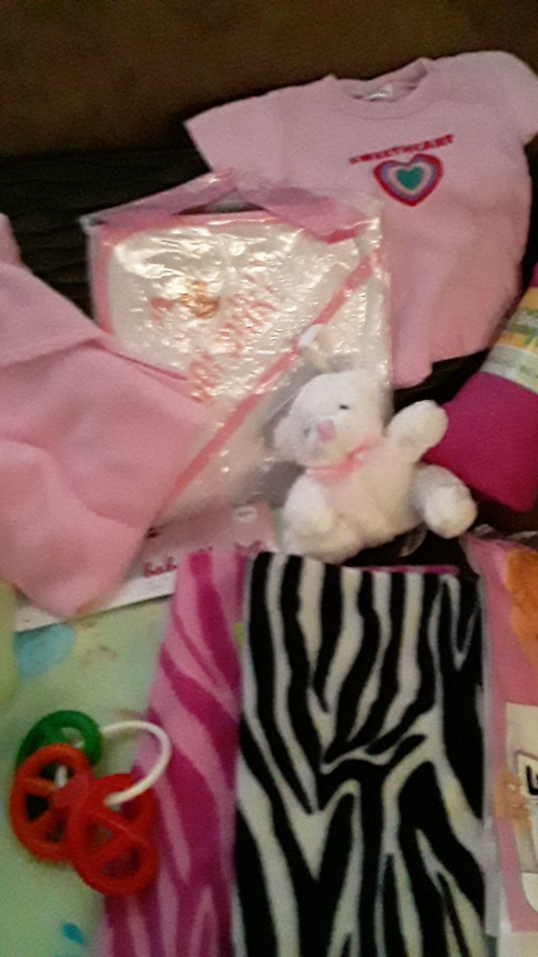 #4 Baby girl stuff three blankets disposable bibs an extra blanket or stuffed animal to towels and a T-shirt and a teething ring and a stuffed bear
