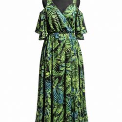 Une Âme Tropical Leaf Cold Shoulder Maxi Dress Size L