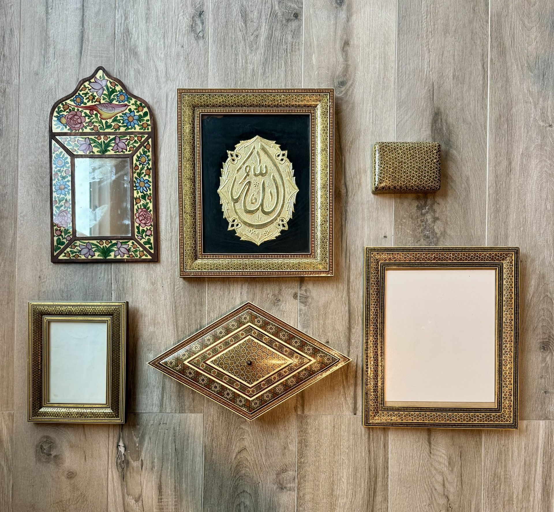 A collection of hand made khatam items 