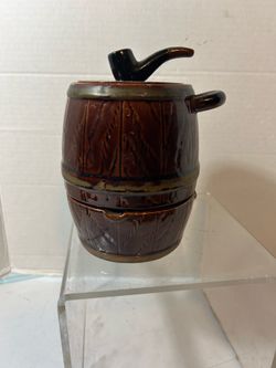 Vintage Ceramic Barrel Tobacco Jar Humidor with Smoking Pipe Lid Handle-$50 CASH