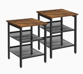 Nightstand, Set of 2 Side Tables, End Tables with Adjustable Mesh Shelves, for Living Room, Bedroom, Industrial, Stable Steel Frame, Easy Assembly, Ru