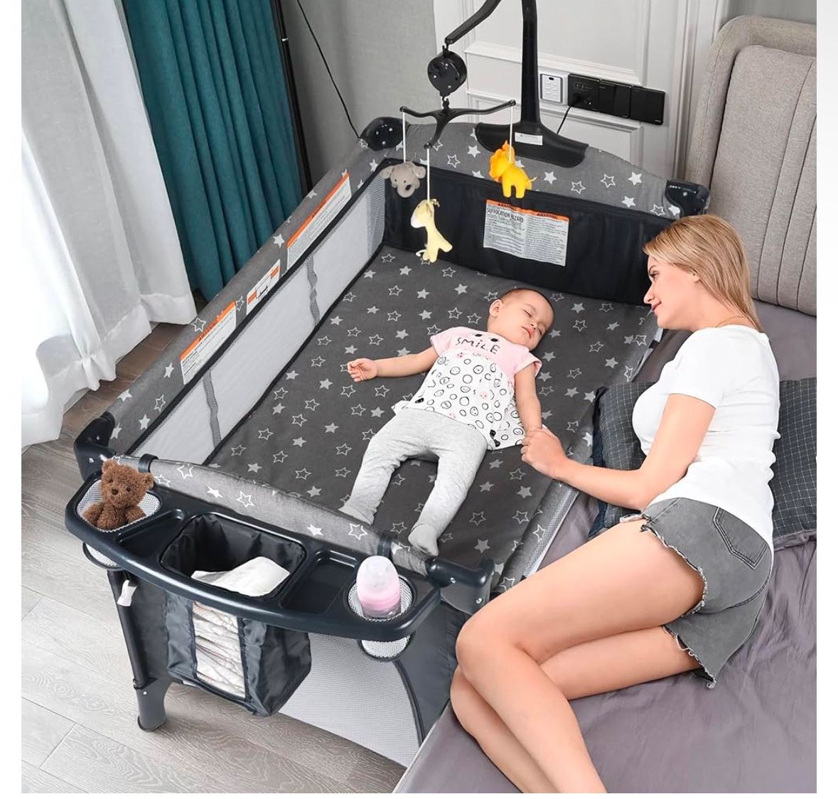 Bedside Bassinet for Baby, Baby Crib with Mosquito Net, Mattress, Diaper Changer, Baby Playpen for Newborn to Toddles, Portable Crib for Baby, Pack an