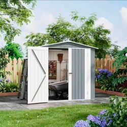 🔥new inbox🔥6 x 4 FT Outdoor Storage Shed Gray Metal Garden Tool Shed with Gable Roof Wide Double Doors