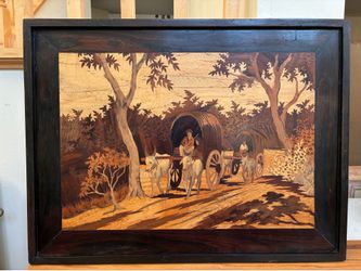 Vintage Marquetry Intarsia Wood Inlay  Wall Art-Rural scene- Ox-drawn wagons in a wooded landscape.