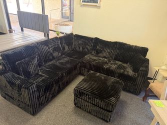 Black Ribbed Fabric Sectional Sofa with Ottoman