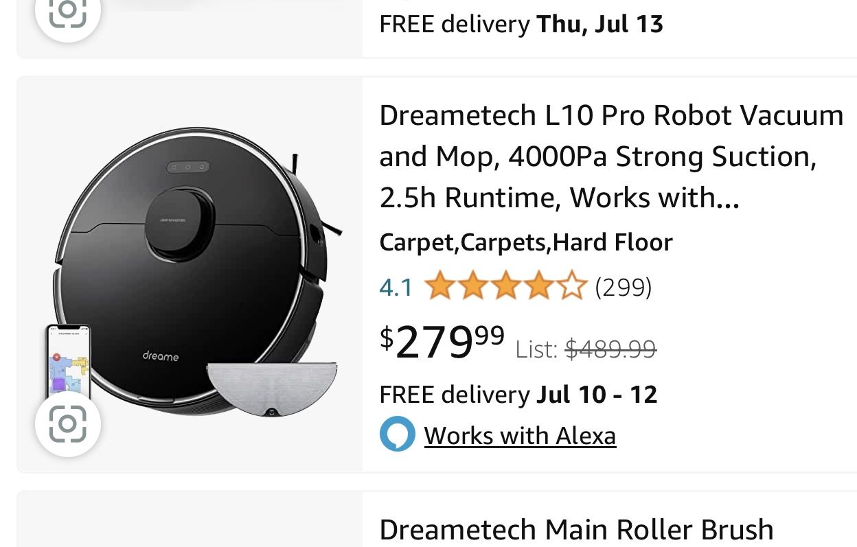 Dreametech L10 Pro Robot Vacuum and Mop, 4000Pa Strong Suction, 2.5h Runtime, Build-in Lidar