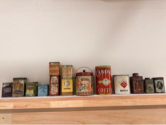 Lot of 12 Vintage Antique Advertising Tins - Coffee, Cocoa & Honey Litho Cans