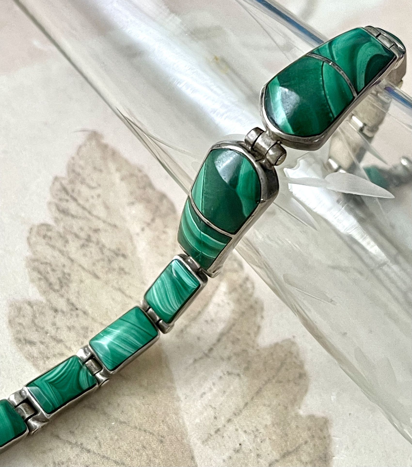 Sterling Silver Malachite Bracelet,  Inlaid Malachite Silver Bracelet