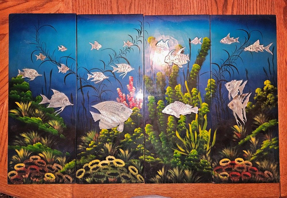 Vintage Vietnamese ocean fish art panels