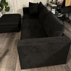Black 3-Seat L-Shaped Sectional Sofa Couch Convertible Ottoman 98''Long
