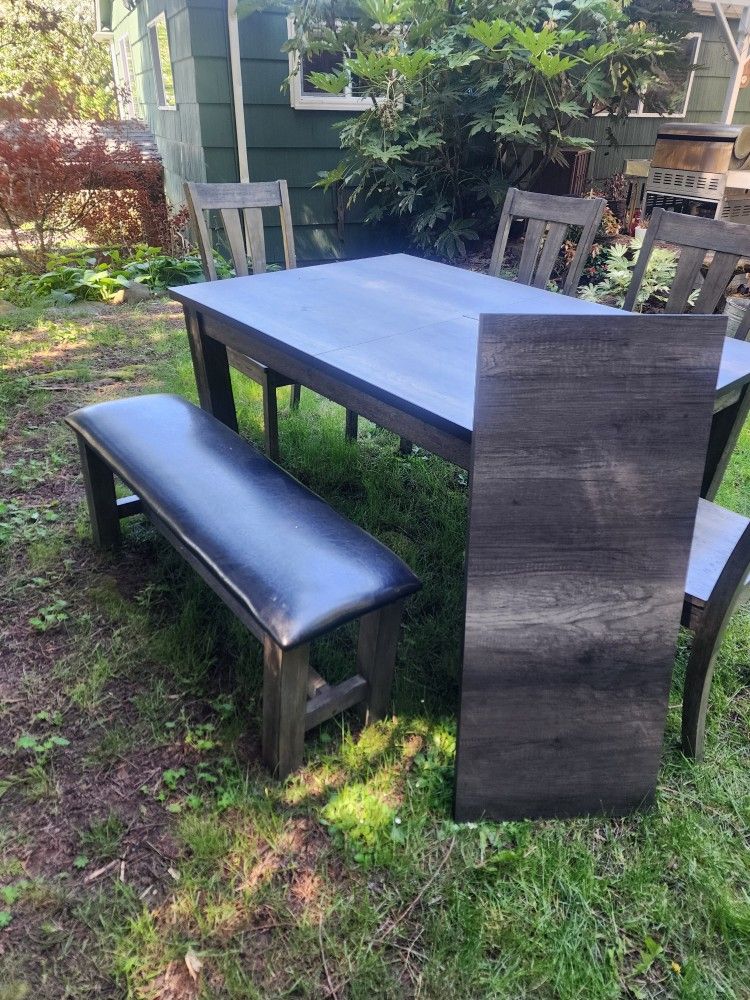 Big Table With Leaf, 4 Chairs And Bench