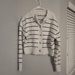 a.n.a. Women's Crew Neck Long Sleeve Button Cardigan in a cream stripe pattern Size M