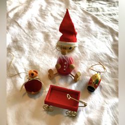 Vintage wooden Santa bobble head and Christmas ornaments