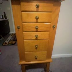 Vintage Solid Wood Jewelry Armoire with Green Felt Drawers