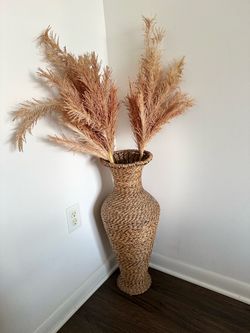 Large Woven Floor Vase with Faux Pampas