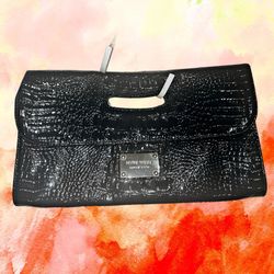 Nine West Black Croc Embossed Clutch Purse Handbag Faux Patent Leather Evening Bag