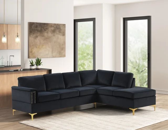 Velvet sectional blue, black, green, brown, cream