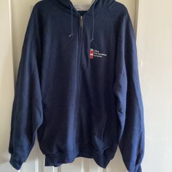 Ultra Club Men’s Fleece Lined Hooded Jacket, XL, blue, new, 32” length, zippered front, company logo.