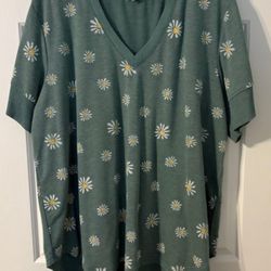1X Woman's Jane & Delancey V Neck Green Floral Short Sleeve Shirt 