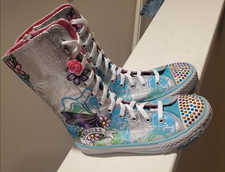 Skechers Twinkle Toes Punk Rose Silver High-Top Rhinestone Sneakers Youth Size 1