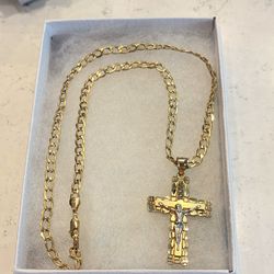 10K SOLID GOLD CURB CUBAN LINK CHAIN + 10K SOLID GOLD CROSS PENDANT WITH RHODIUM (SET)