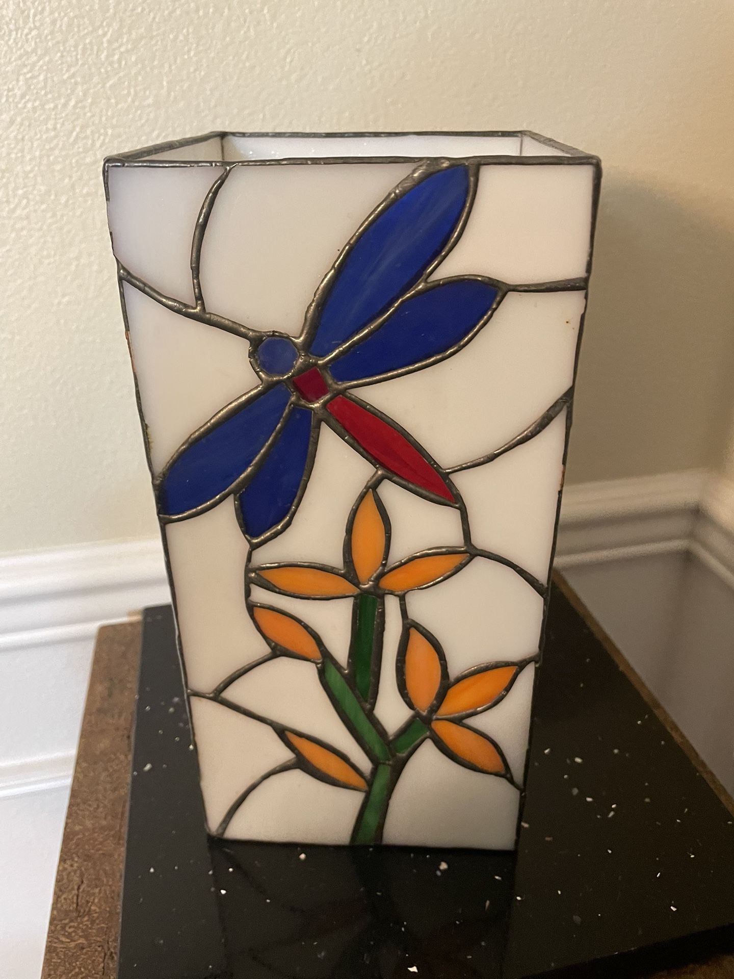 Dragonfly and Flower Stained Glass Pillar Candle Holder 10”T
