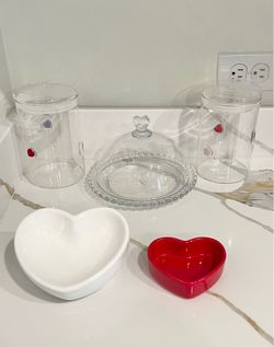 Heart canisters, cake stand & candy bowls