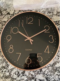 Brand New Modern Wall Clock – Black & Rose Gold - 12" – Still in Box