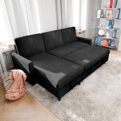 New Modern Pull Out Couch, Convertible Sleeper Sofa Bed with Storage, L-Shaped Sofa Bed with Storage Chaise Linen Fabric for Living Room, Apartment, S