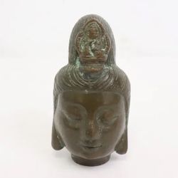 Antique Chinese bronze head of deity, 3.4"H