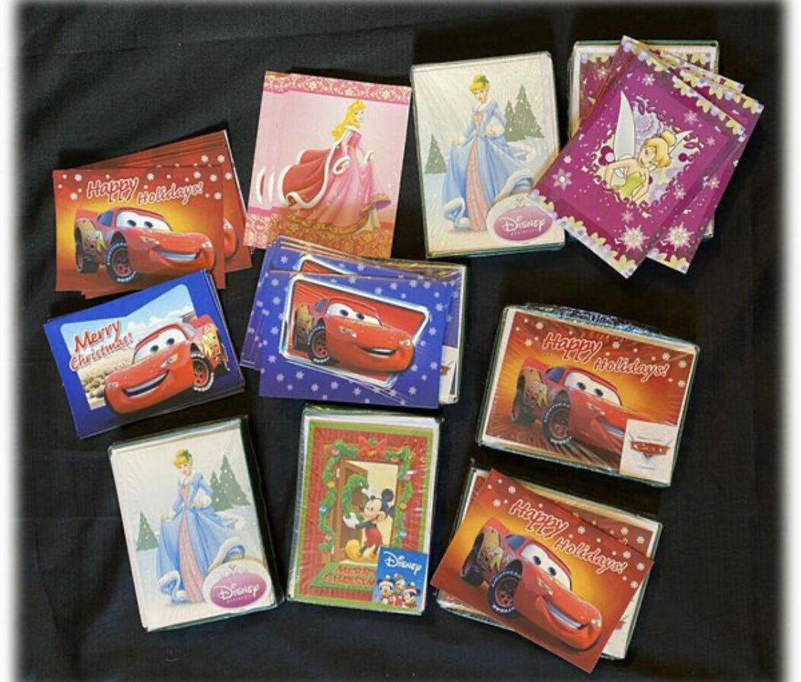 HUGE LOT Disney CARS Cinderella Mickey Mouse Beauty Tinkerbell Christmas Cards