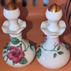 2 Vintage Lefton Porcelain Floral Perfume Decanters With Stoppers/Lids- #385- Made In Japan- GUC!