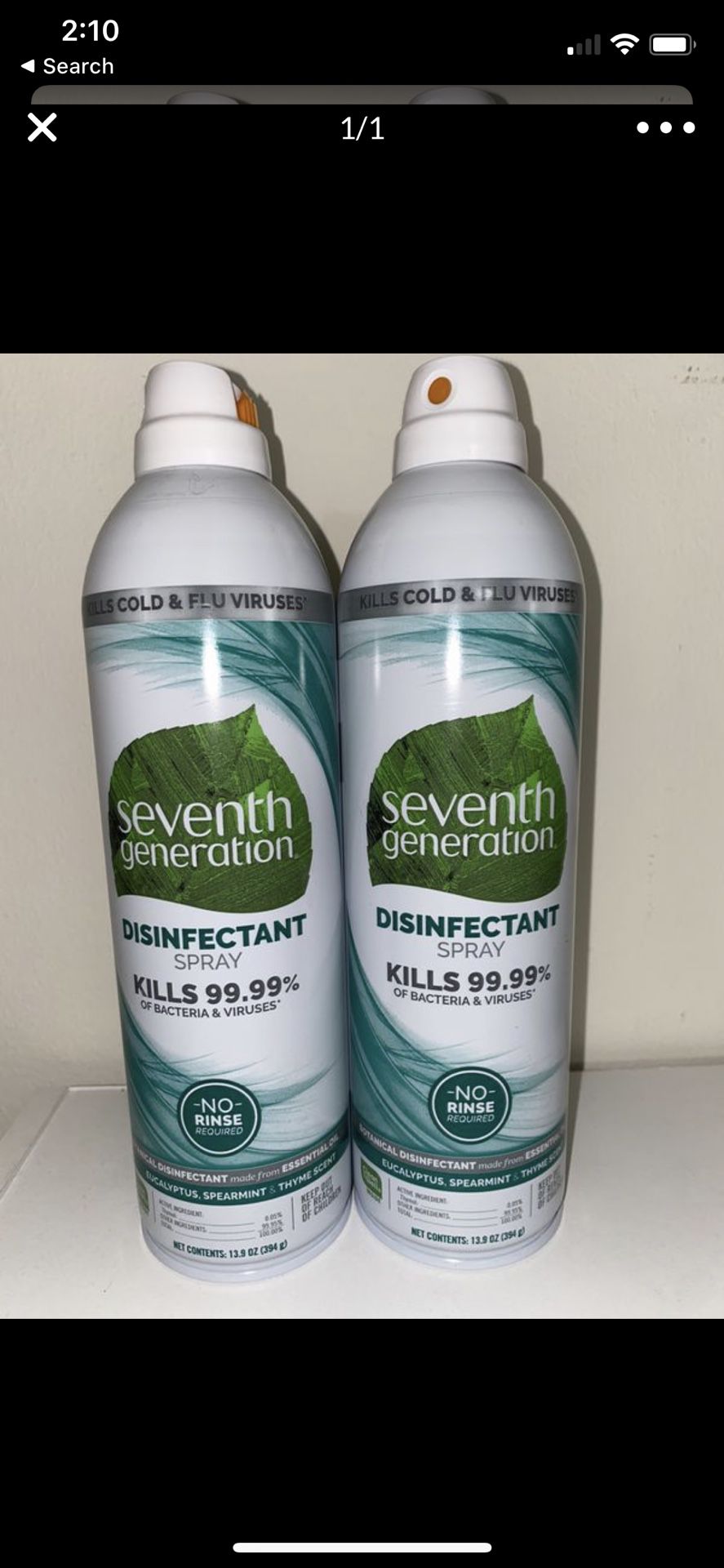 2 cans of Disinfectant spray seventh generation 13.9oz