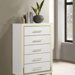 **SUPER SALE** Modern Five Drawer Chest in White with Gold Trim!