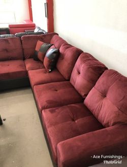 Brand New Red Microfiber Sectional With Storage Ottoman & 2 Decorative Pillows