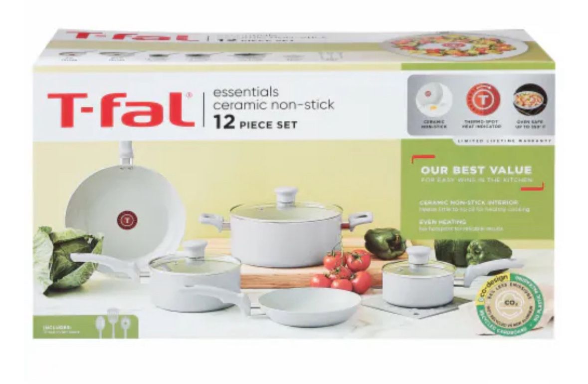T-Fal Essentials 12-Piece Non-Stick Ceramic Pots & Pans Cookware Set