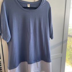 Light Blue 2xl Blouse with Striped Pattern At Bottom Short Sleeves