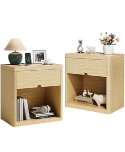 Nightstand Set of 2, Nightstand with Charging Station, 24inch Bedside Table with Curved Top Corners, Crescent Shaped Buckle, Wooden End Table for Bedr