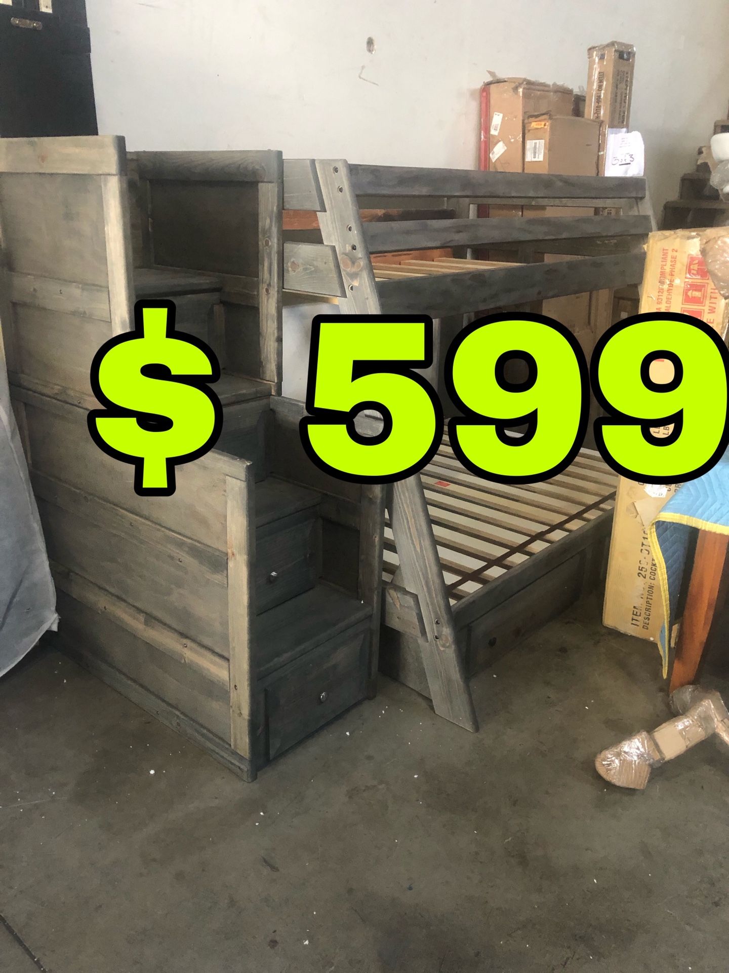 Beautiful new Twin over Full Wrangle hill bunk bed & under storage & staircase chest only 599$!!! Original price 2,644$!!! Sale price 2,055$!!!