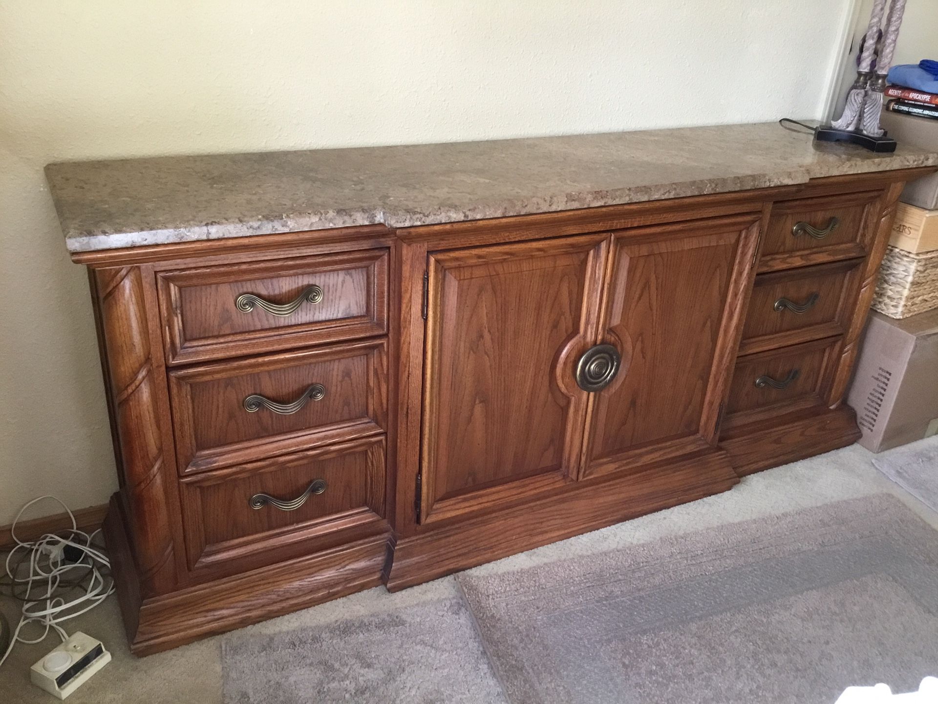 Thomasville Buffet, All Wood, Granite Top, 6 Drawers, Center Cabinet Opens With Two Shelves And Top Drawer.